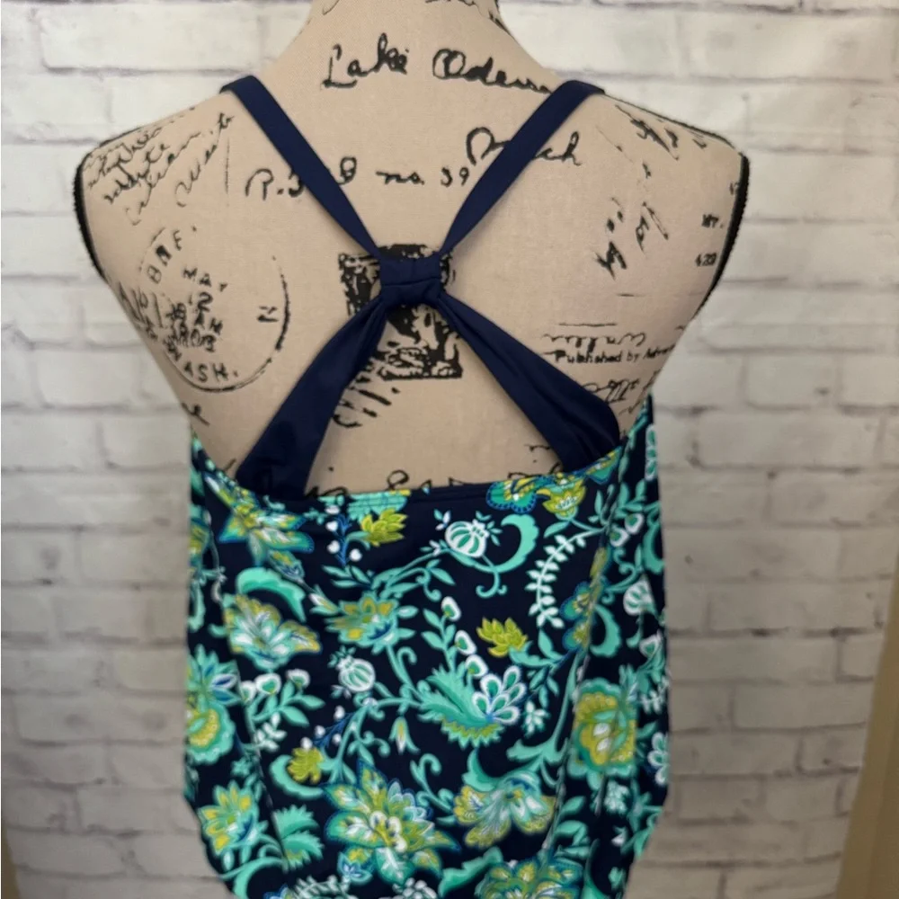 Lands' End Sz 10 Blouson Blue Paisley‎ Floral Tankini Top Swimsuit Tummy Hiding